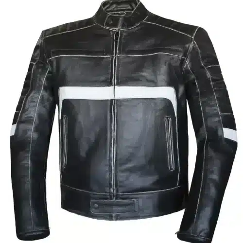 Men's Motorcycle Riding Genuine Leather Striped Jacket - Front Side